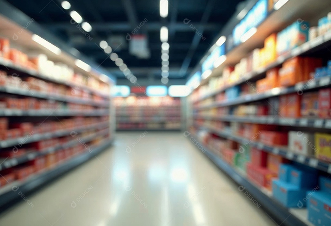 Prateleiras de compras embaçadas em supermercados e lojas departamentos