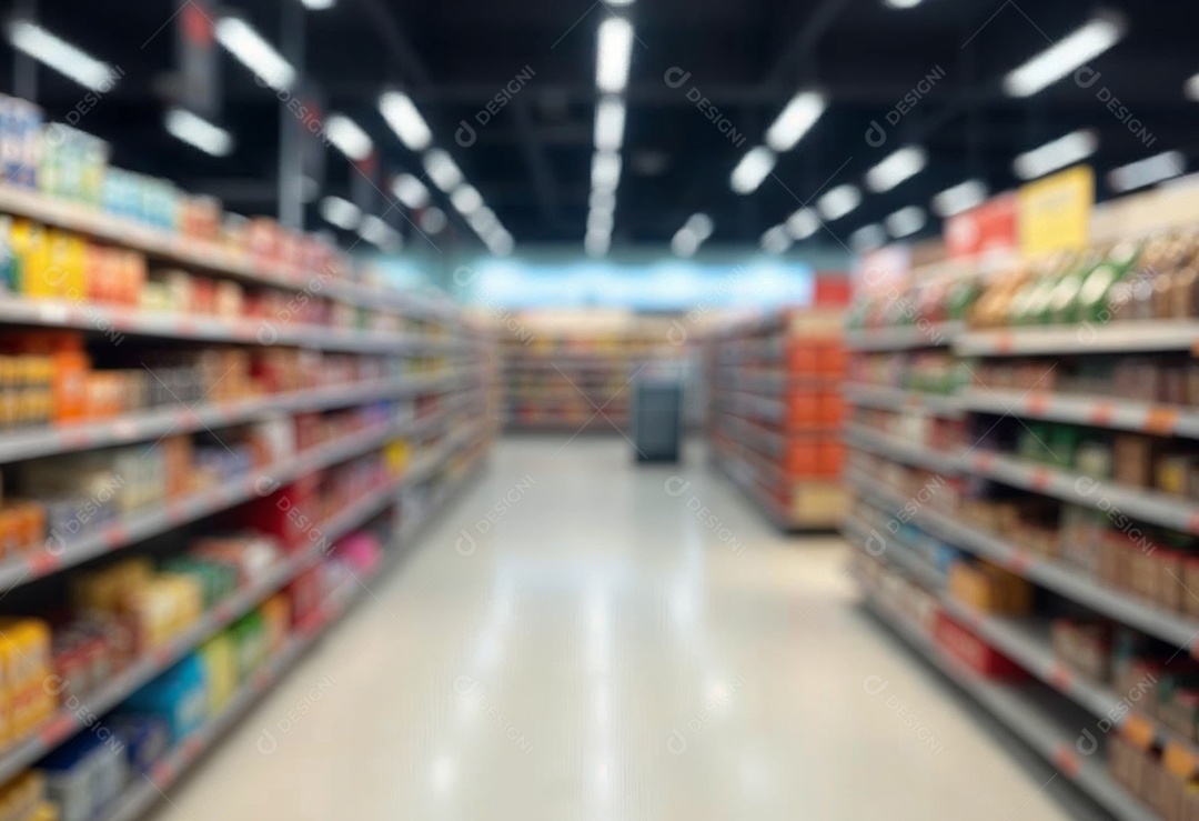Prateleiras de compras embaçadas em supermercados e lojas departamentos