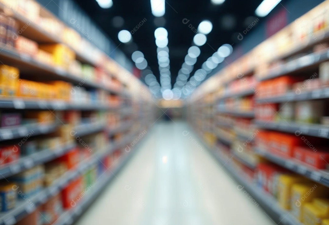 Prateleiras de compras embaçadas em supermercados e lojas departamentos