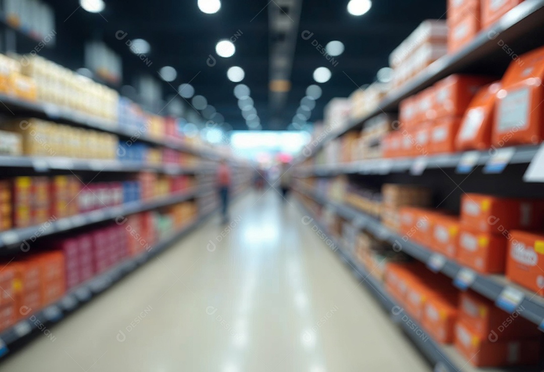 Prateleiras de compras embaçadas em supermercados e lojas departamentos