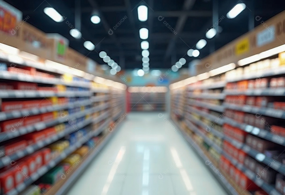 Prateleiras de compras embaçadas em supermercados e lojas departamentos