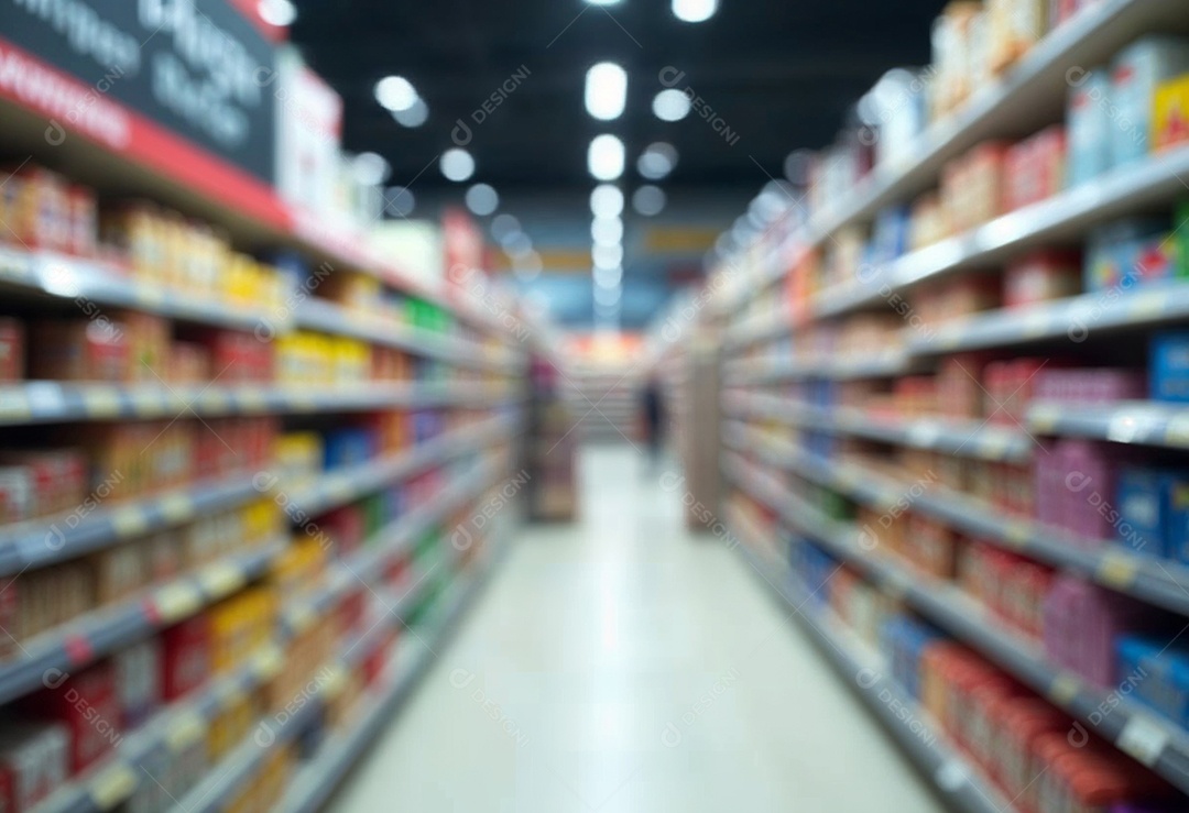 Prateleiras de compras embaçadas em supermercados e lojas departamentos
