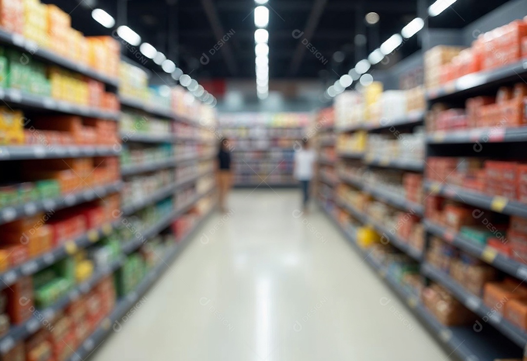 Prateleiras de compras embaçadas em supermercados e lojas departamentos