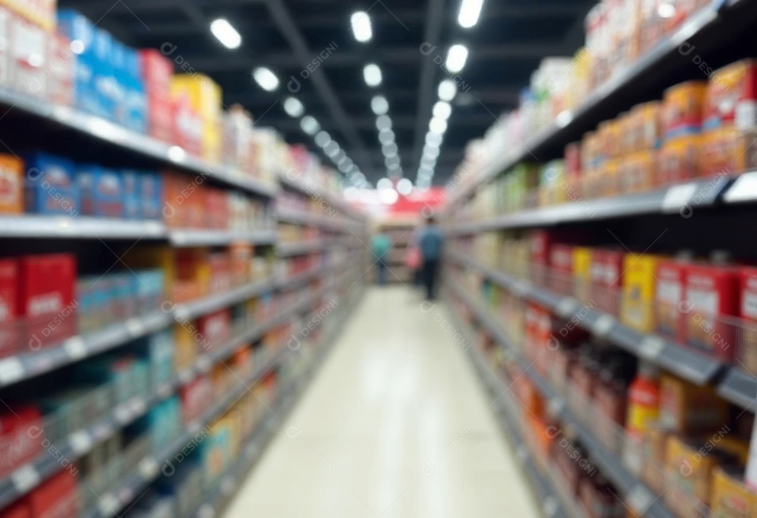 Prateleiras de compras embaçadas em supermercados e lojas departamentos
