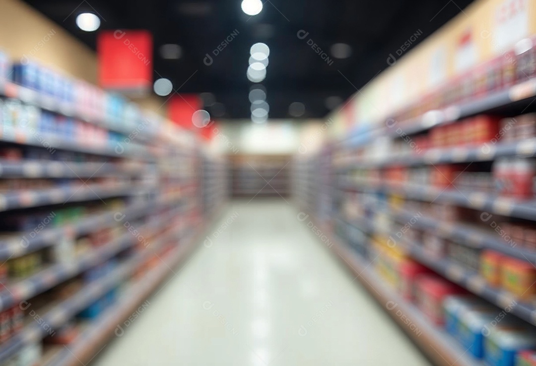 Prateleiras de compras embaçadas em supermercados e lojas departamentos
