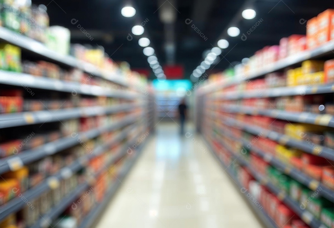 Prateleiras de compras embaçadas em supermercados e lojas departamentos