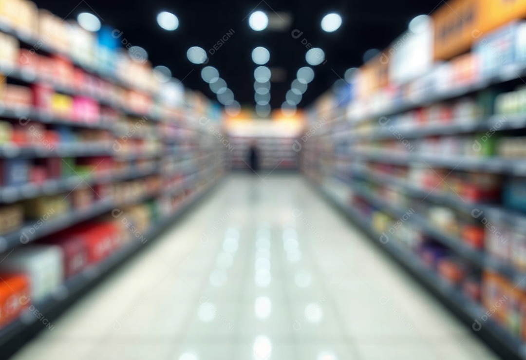 Prateleiras de compras embaçadas em supermercados e lojas departamentos