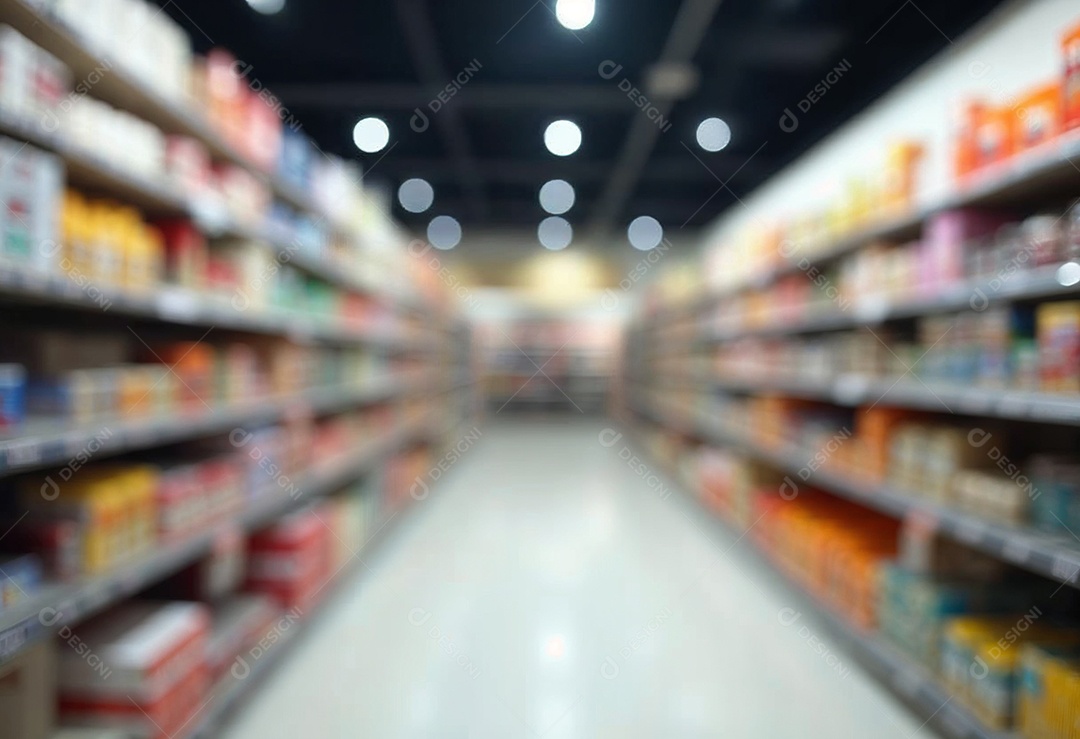 Prateleiras de compras embaçadas em supermercados e lojas departamentos