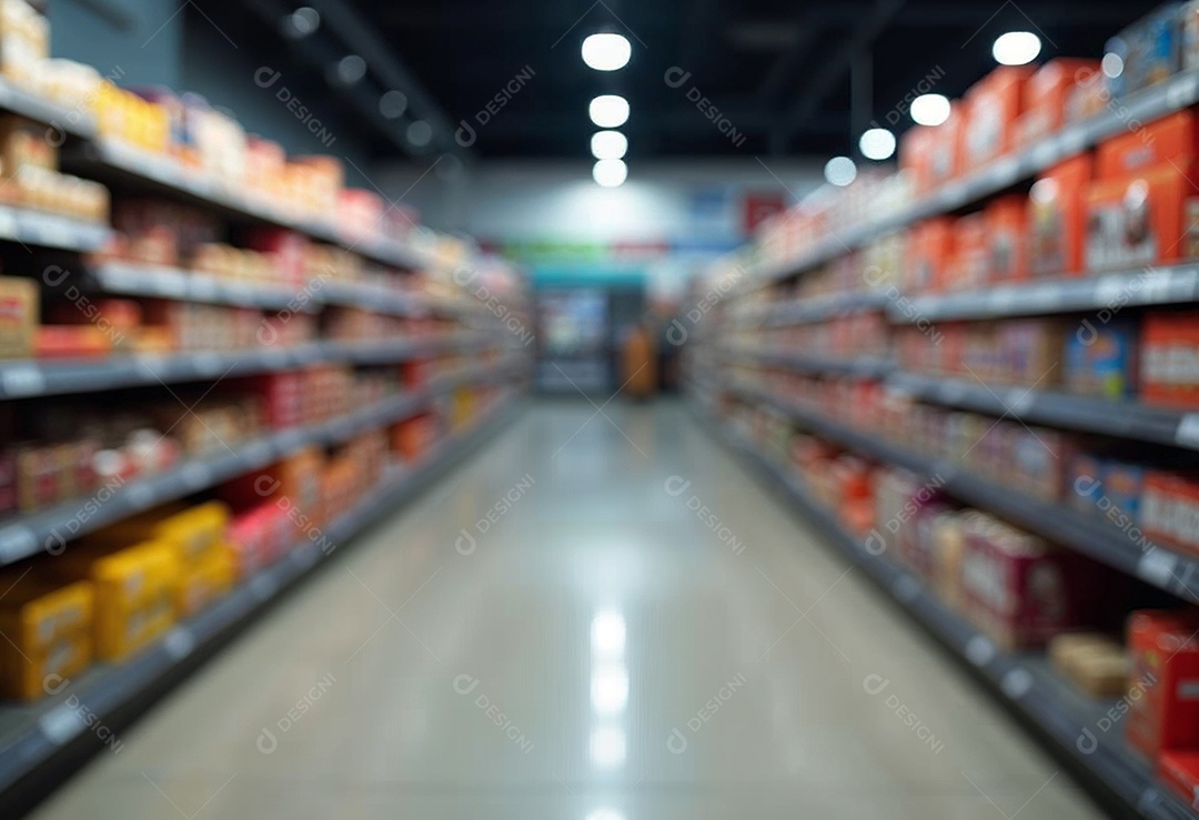 Prateleiras de compras embaçadas em supermercados e lojas departamentos