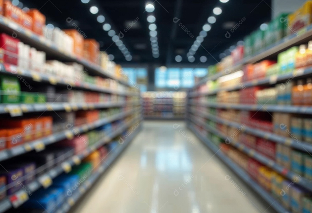 Prateleiras de compras embaçadas em supermercados e lojas departamentos
