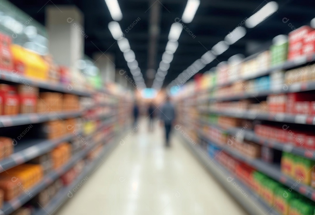 Prateleiras de compras embaçadas em supermercados e lojas departamentos
