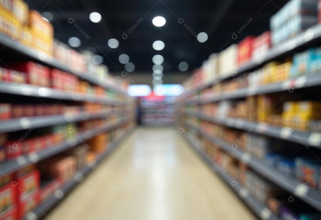 Prateleiras de compras embaçadas em supermercados e lojas departamentos