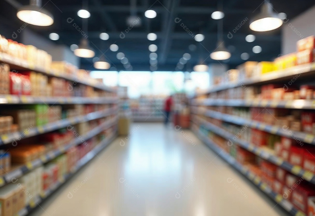 Prateleiras de compras embaçadas em supermercados e lojas departamentos