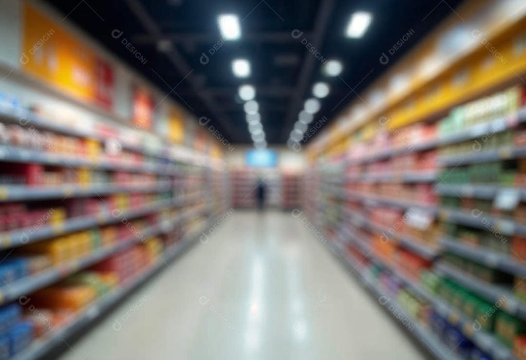 Prateleiras de compras embaçadas em supermercados e lojas departamentos