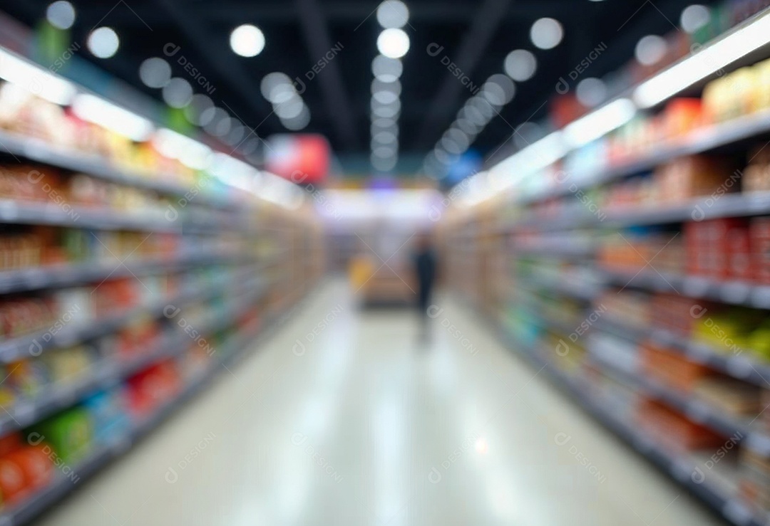 Prateleiras de compras embaçadas em supermercados e lojas departamentos