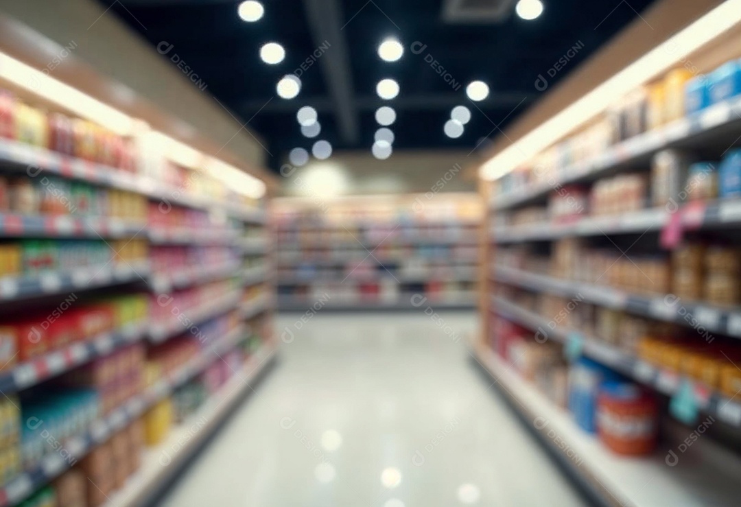 Prateleiras de compras embaçadas em supermercados e lojas departamentos
