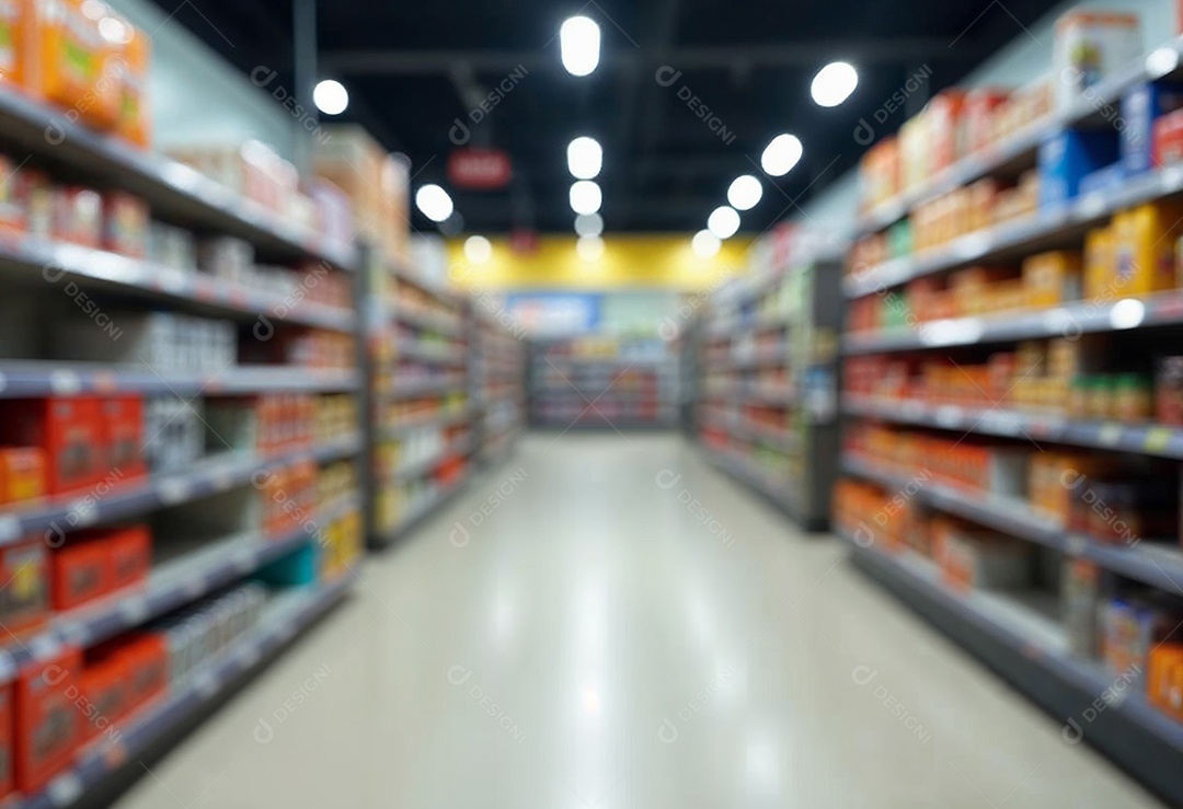 Prateleiras de compras embaçadas em supermercados e lojas departamentos
