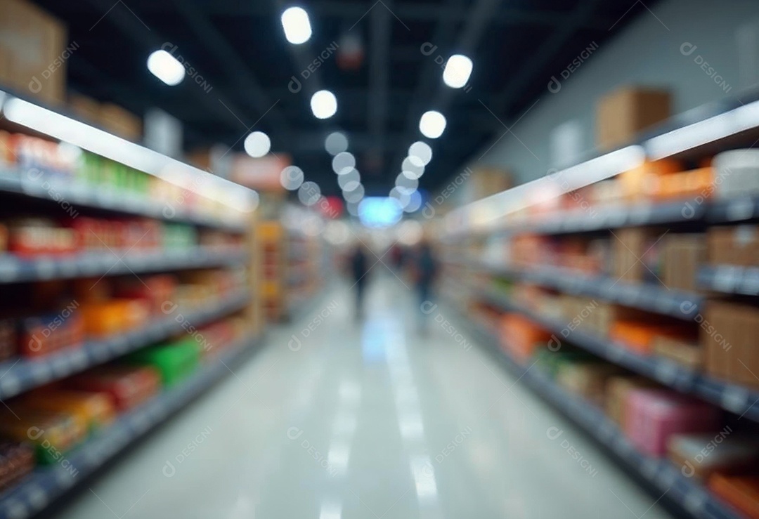 Prateleiras de compras embaçadas em supermercados e lojas departamentos