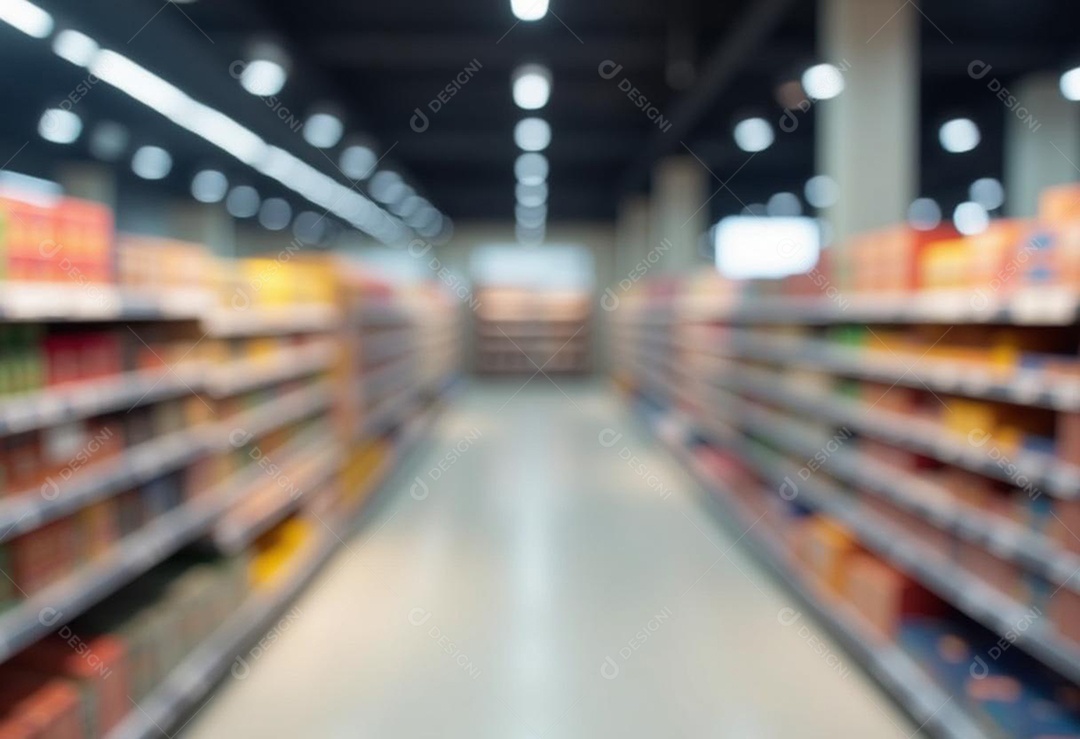 Prateleiras de compras embaçadas em supermercados e lojas departamentos