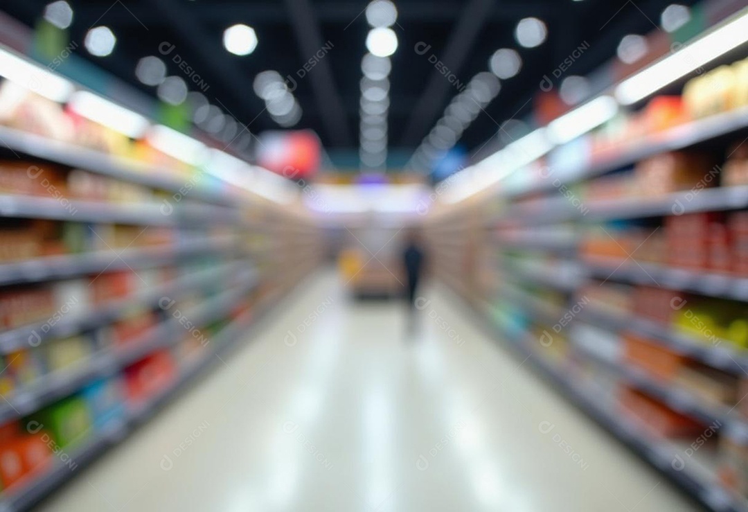 Prateleiras de compras embaçadas em supermercados e lojas departamentos