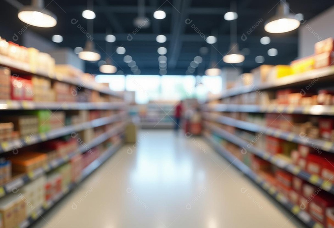 Prateleiras de compras embaçadas em supermercados e lojas departamentos