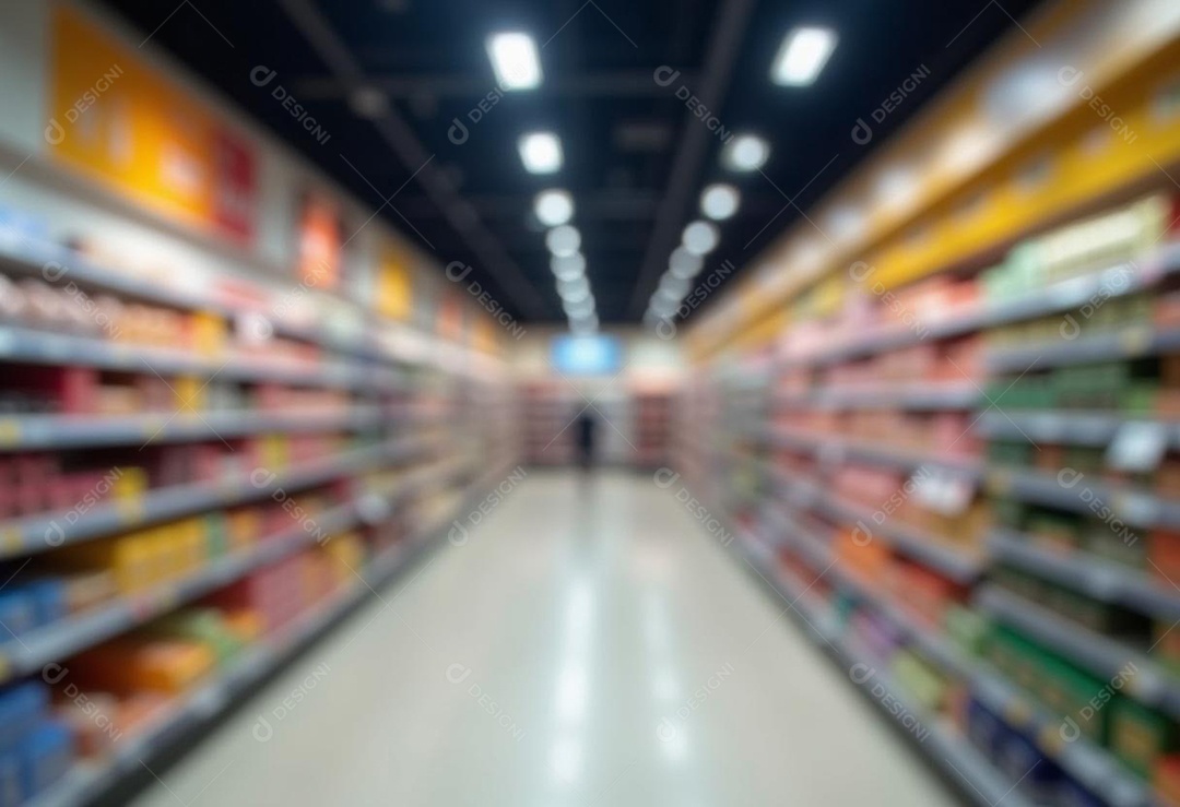 Prateleiras de compras embaçadas em supermercados e lojas departamentos