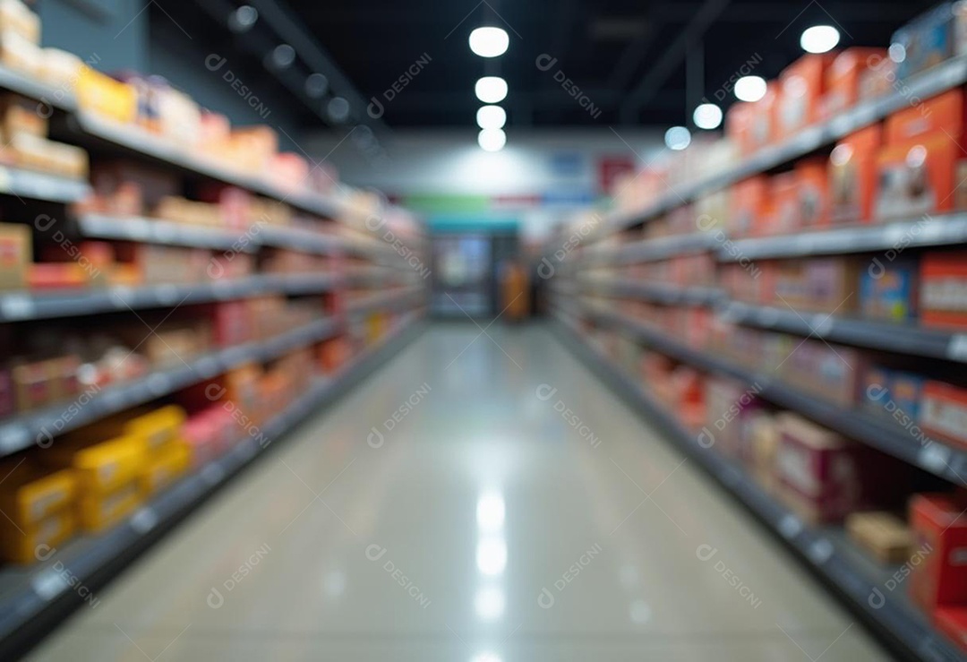 Prateleiras de compras embaçadas em supermercados e lojas departamentos
