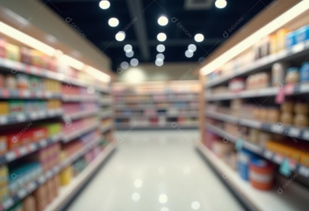 Prateleiras de compras embaçadas em supermercados e lojas departamentos