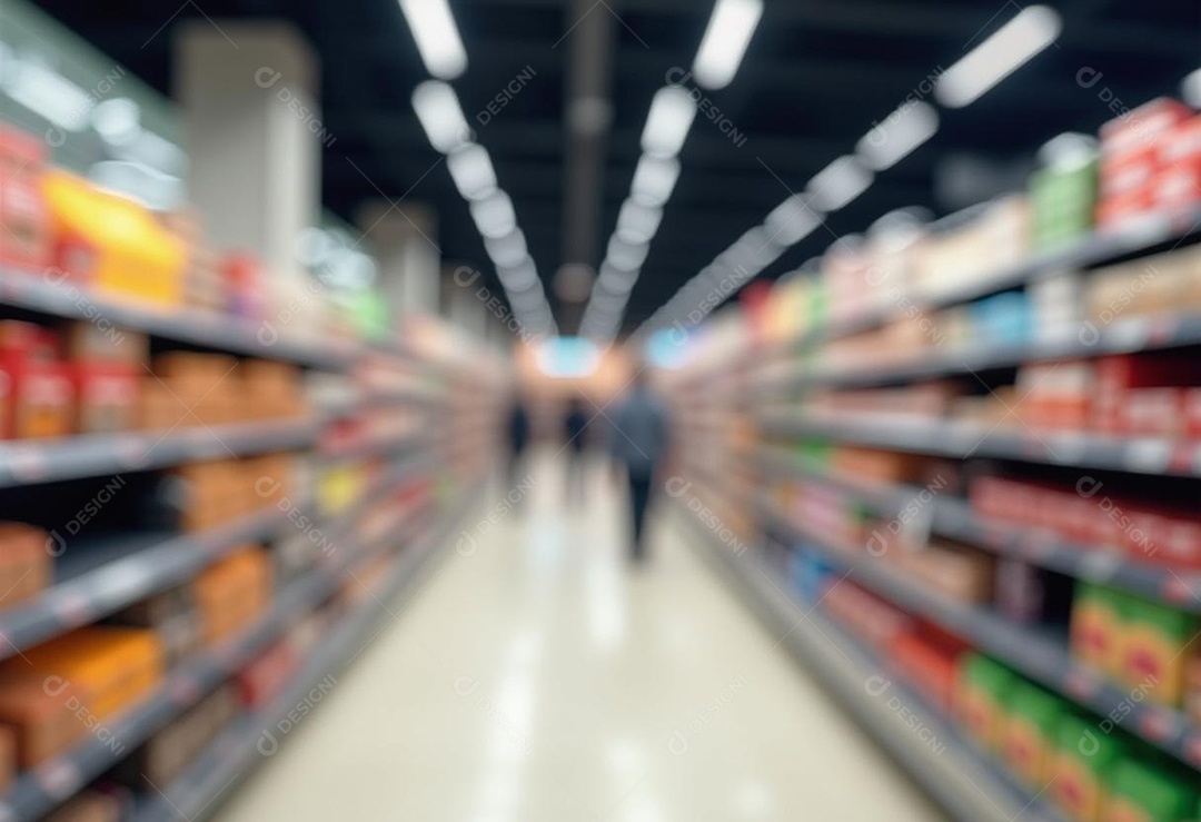 Prateleiras de compras embaçadas em supermercados e lojas departamentos