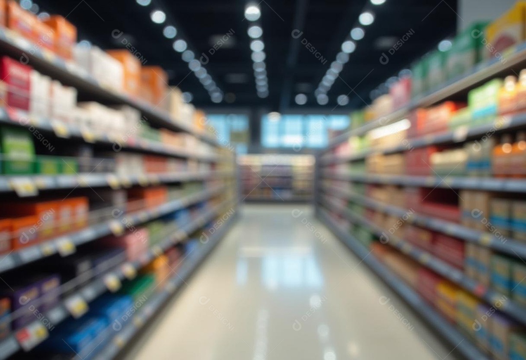 Prateleiras de compras embaçadas em supermercados e lojas departamentos