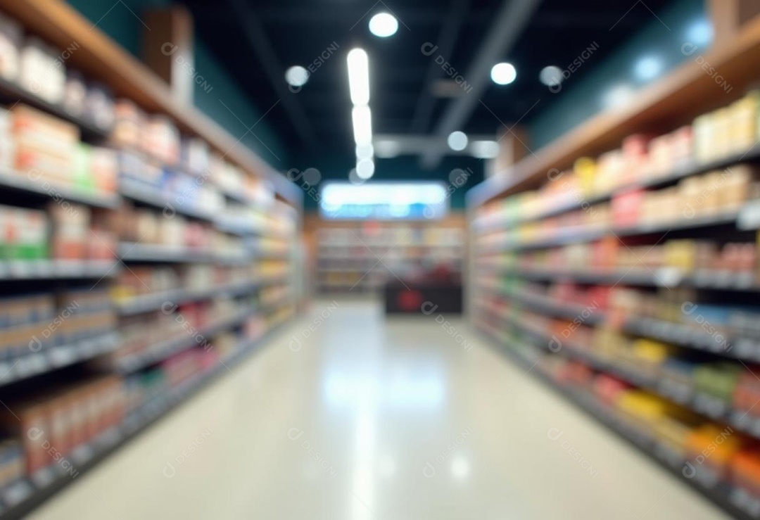 Prateleiras de compras embaçadas em supermercados e lojas departamentos