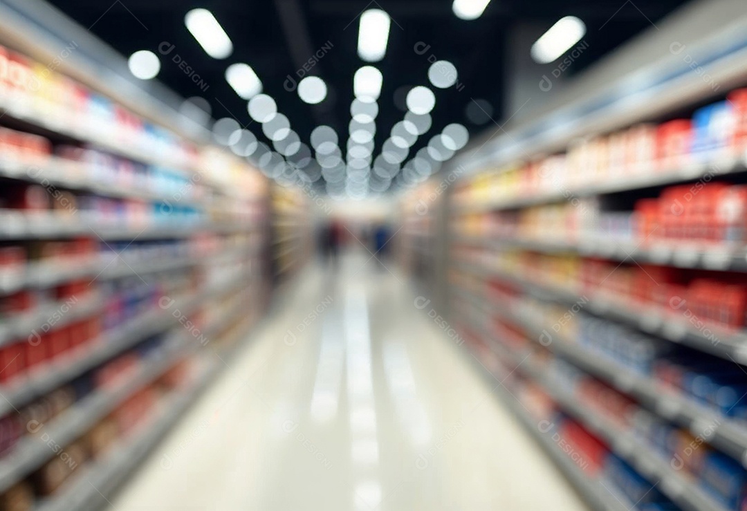 Prateleiras de compras embaçadas em supermercados e lojas departamentos