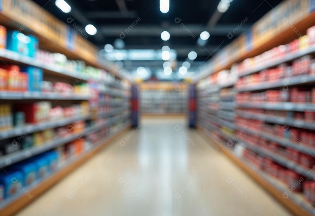 Prateleiras de compras embaçadas em supermercados e lojas departamentos