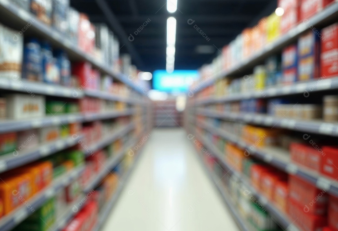 Prateleiras de compras embaçadas em supermercados e lojas departamentos