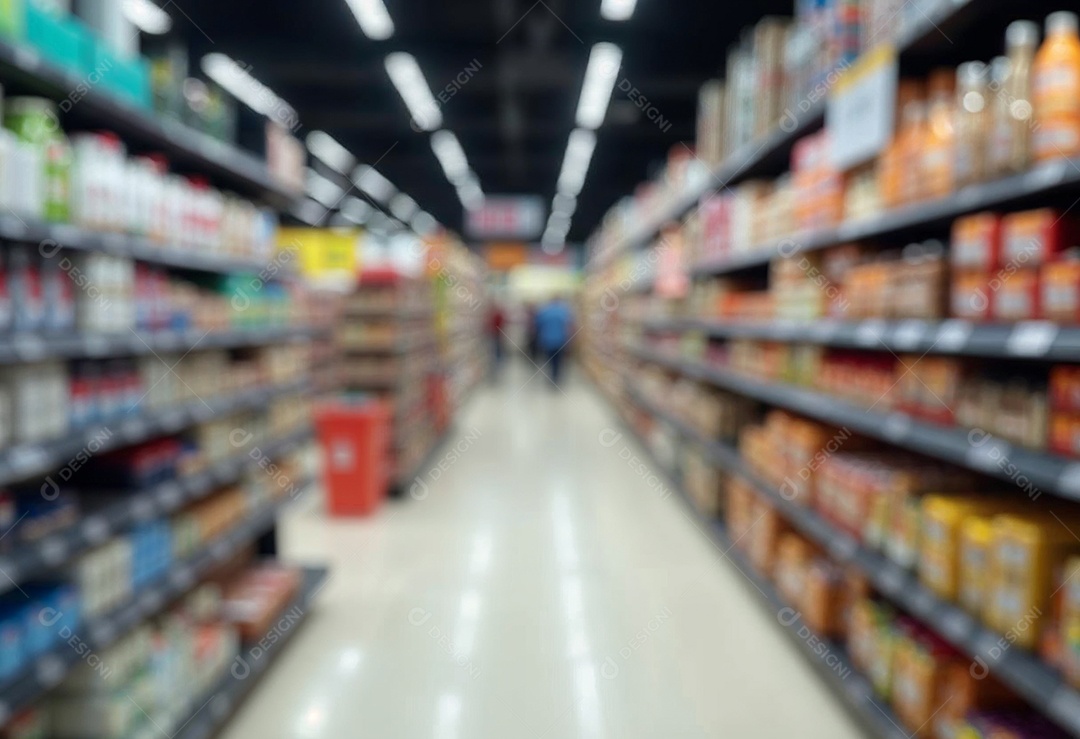 Prateleiras de compras embaçadas em supermercados e lojas departamentos