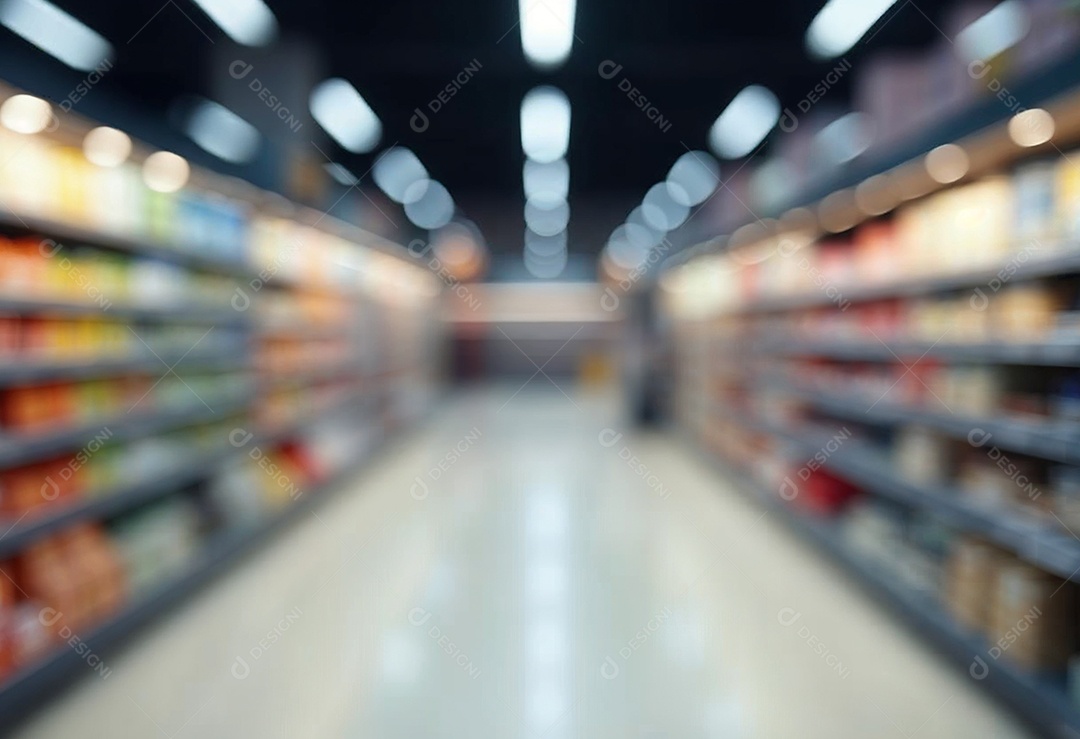 Prateleiras de compras embaçadas em supermercados e lojas departamentos