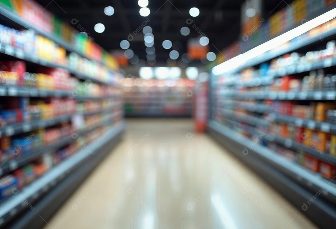 Prateleiras de compras embaçadas em supermercados e lojas departamentos