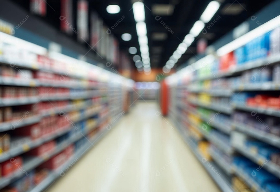 Prateleiras de compras embaçadas em supermercados e lojas departamentos