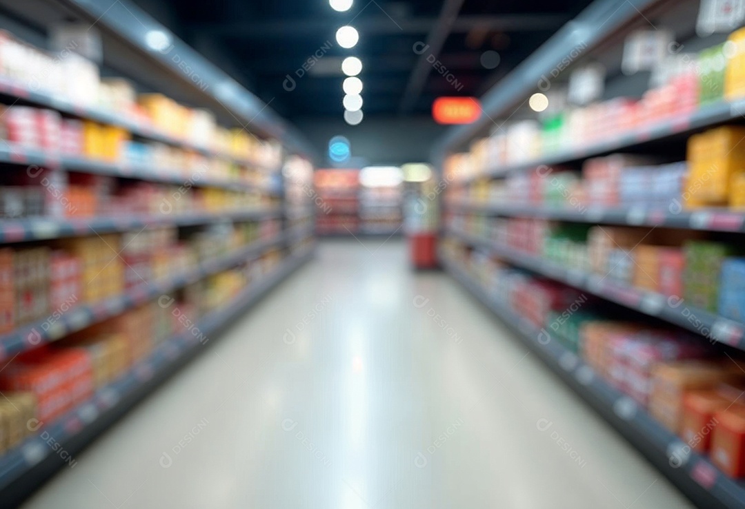 Prateleiras de compras embaçadas em supermercados e lojas departamentos
