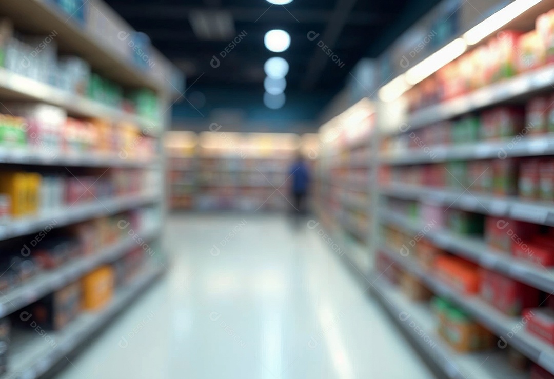 Prateleiras de compras embaçadas em supermercados e lojas departamentos