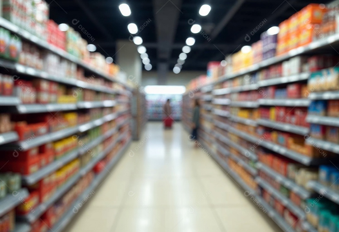 Prateleiras de compras embaçadas em supermercados e lojas departamentos