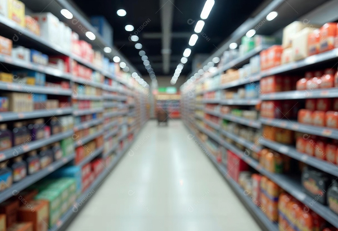 Prateleiras de compras embaçadas em supermercados e lojas departamentos