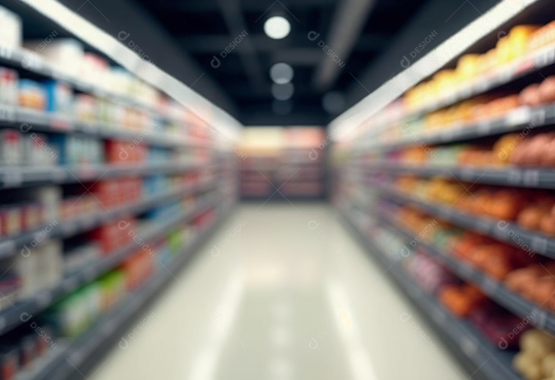 Prateleiras de compras embaçadas em supermercados e lojas departamentos
