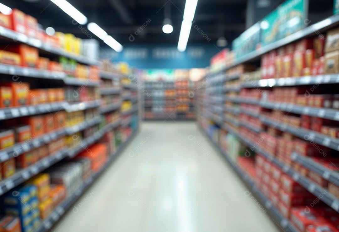 Prateleiras de compras embaçadas em supermercados e lojas departamentos