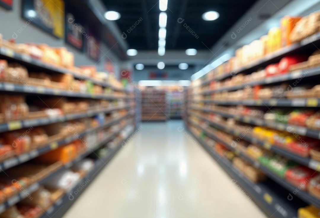 Prateleiras de compras embaçadas em supermercados e lojas departamentos