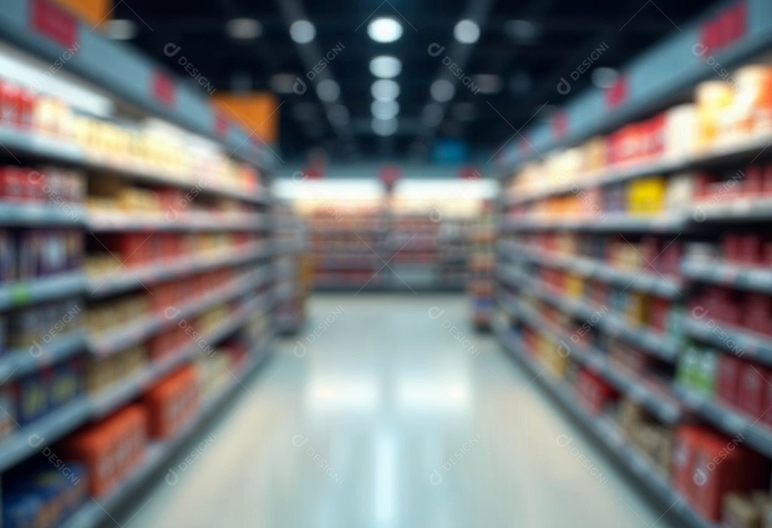 Prateleiras de compras embaçadas em supermercados e lojas departamentos