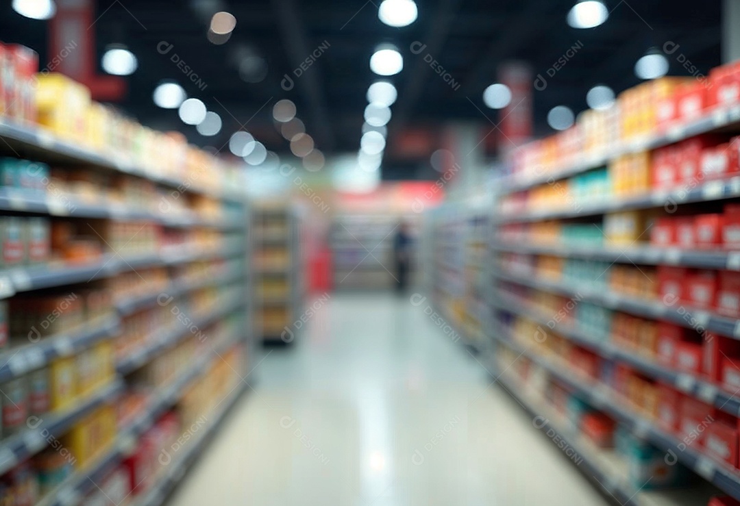 Prateleiras de compras embaçadas em supermercados e lojas departamentos