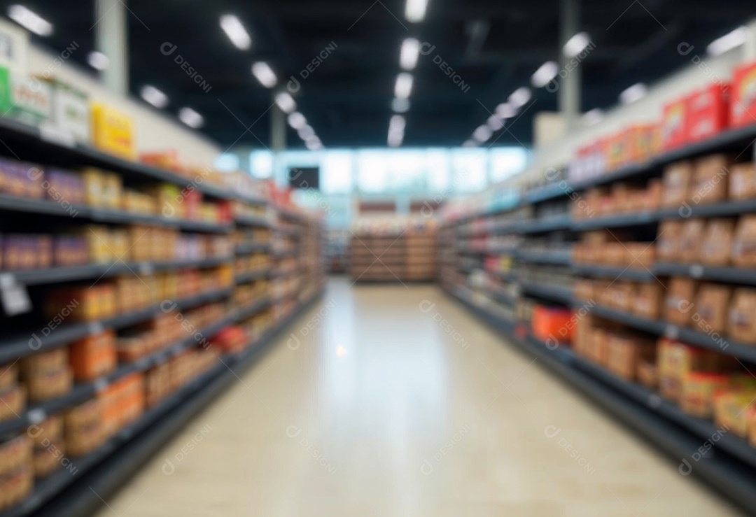 Prateleiras de compras embaçadas em supermercados e lojas departamentos