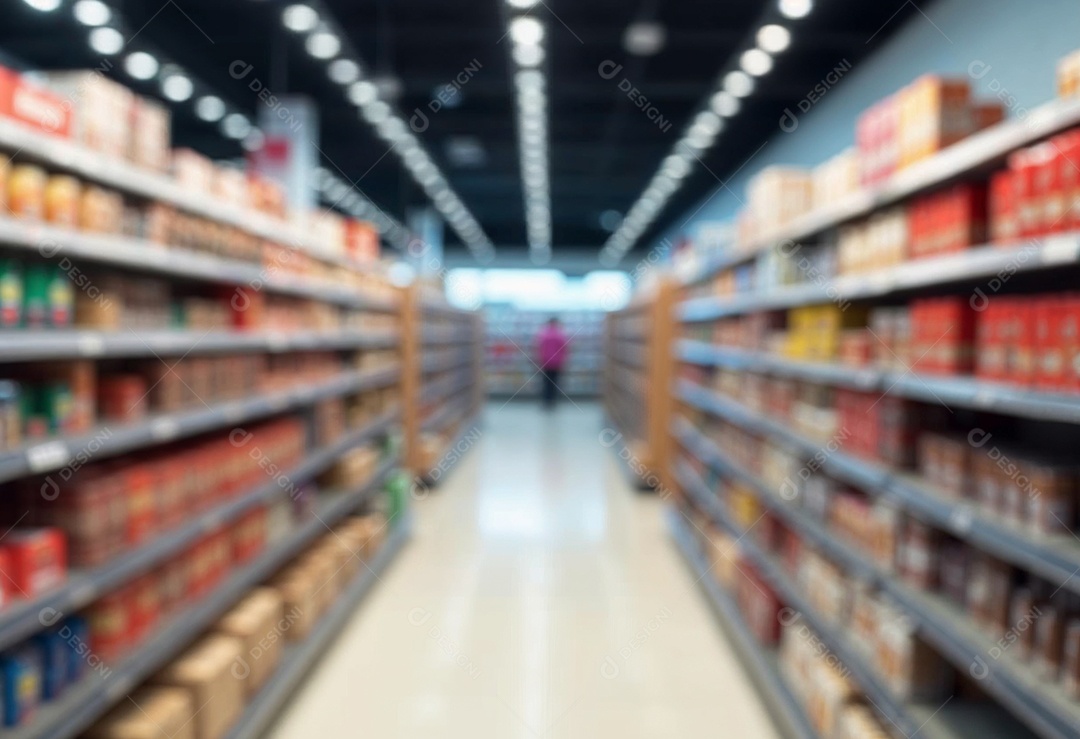 Prateleiras de compras embaçadas em supermercados e lojas departamentos
