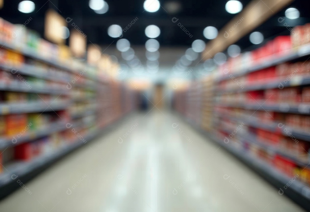 Prateleiras de compras embaçadas em supermercados e lojas departamentos